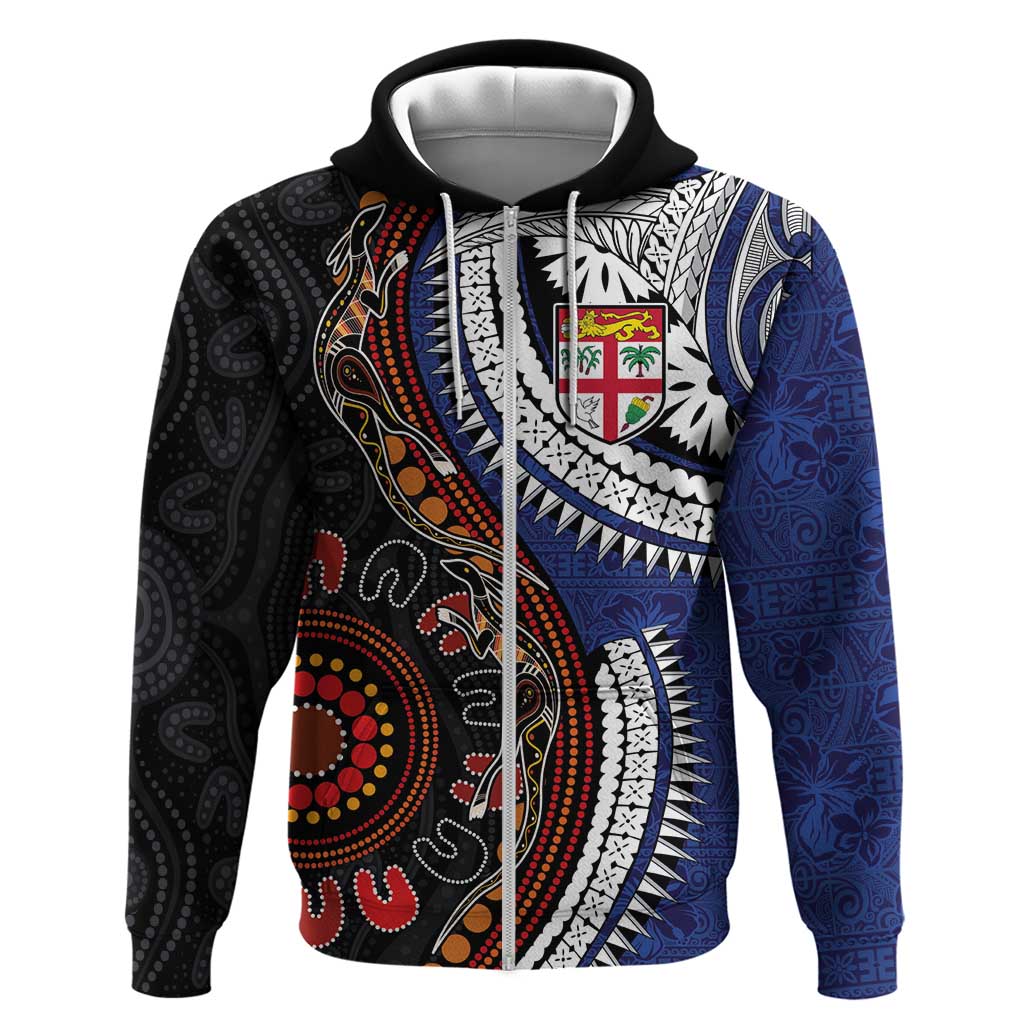 Fiji and Australia Together Zip Hoodie Kangaroo Aboriginal with Tribal Tapa Hibiscus Half Style LT03 Zip Hoodie Black - Polynesian Pride