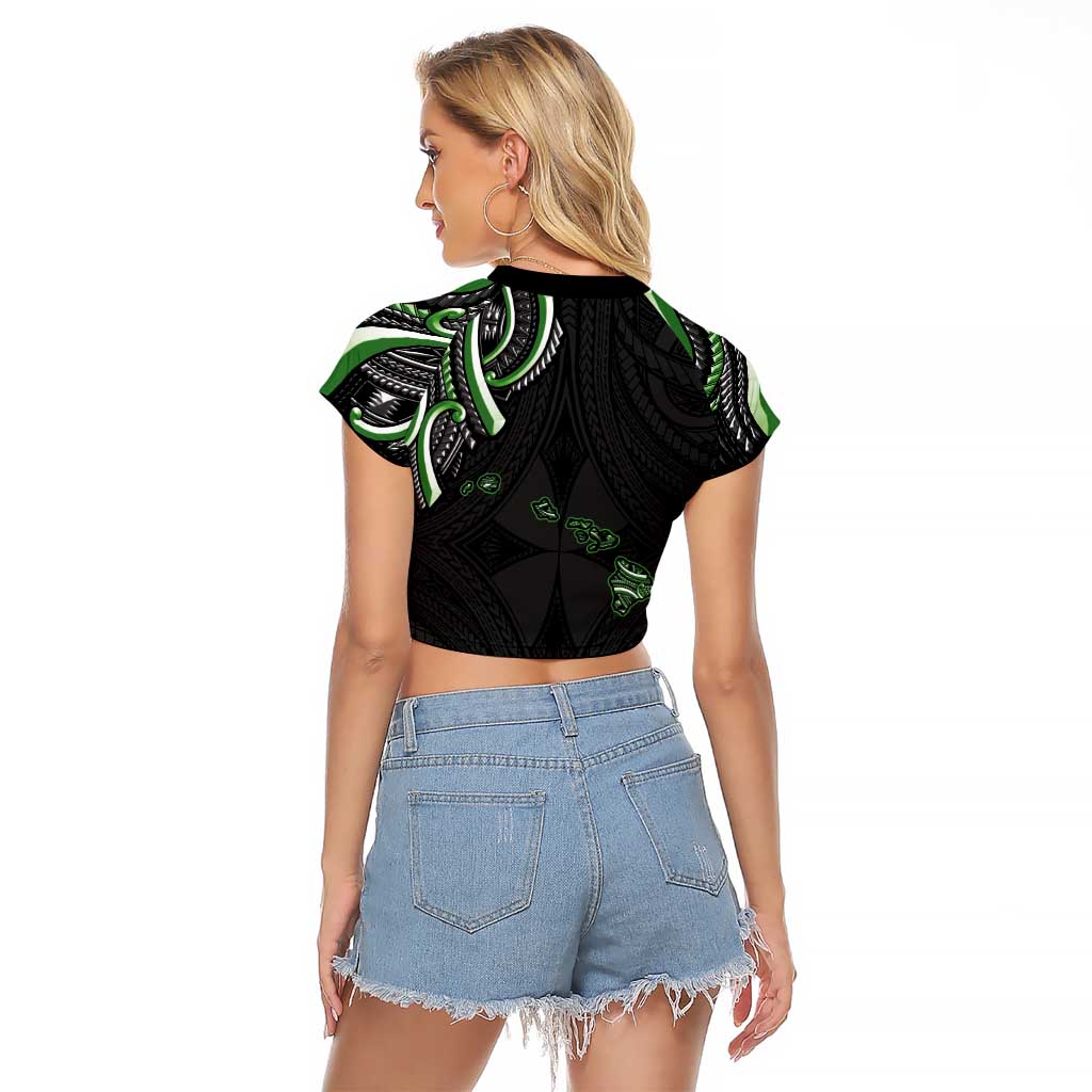 Traditional Art Hawaiian Kakau Tattoos Raglan Cropped T Shirt Green Color LT03 - Polynesian Pride