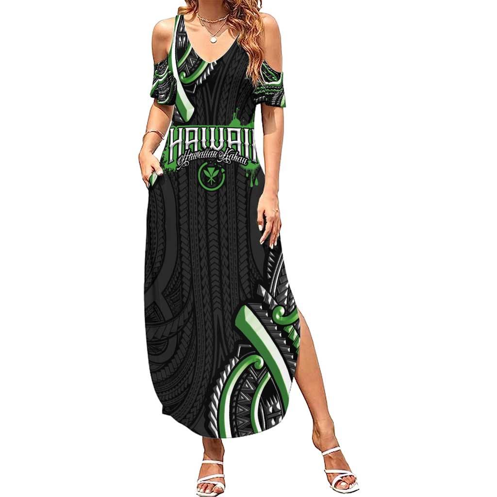 Traditional Art Hawaiian Kakau Tattoos Summer Maxi Dress Green Color LT03 Women Green - Polynesian Pride