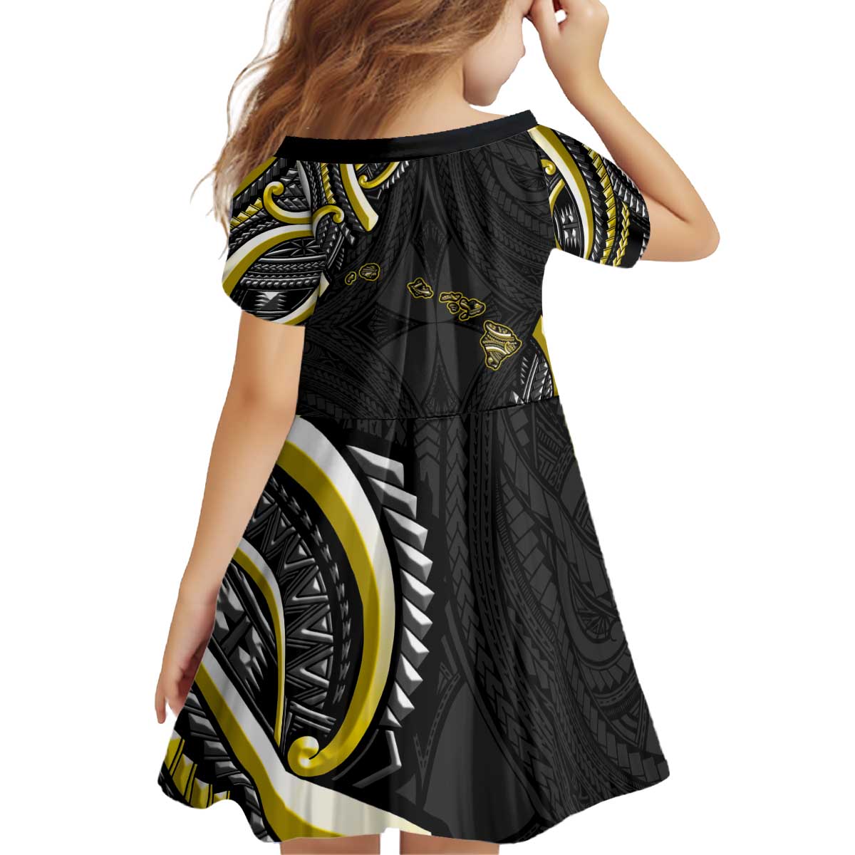Traditional Art Hawaiian Kakau Tattoos Kid Short Sleeve Dress Yellow Color LT03 - Polynesian Pride