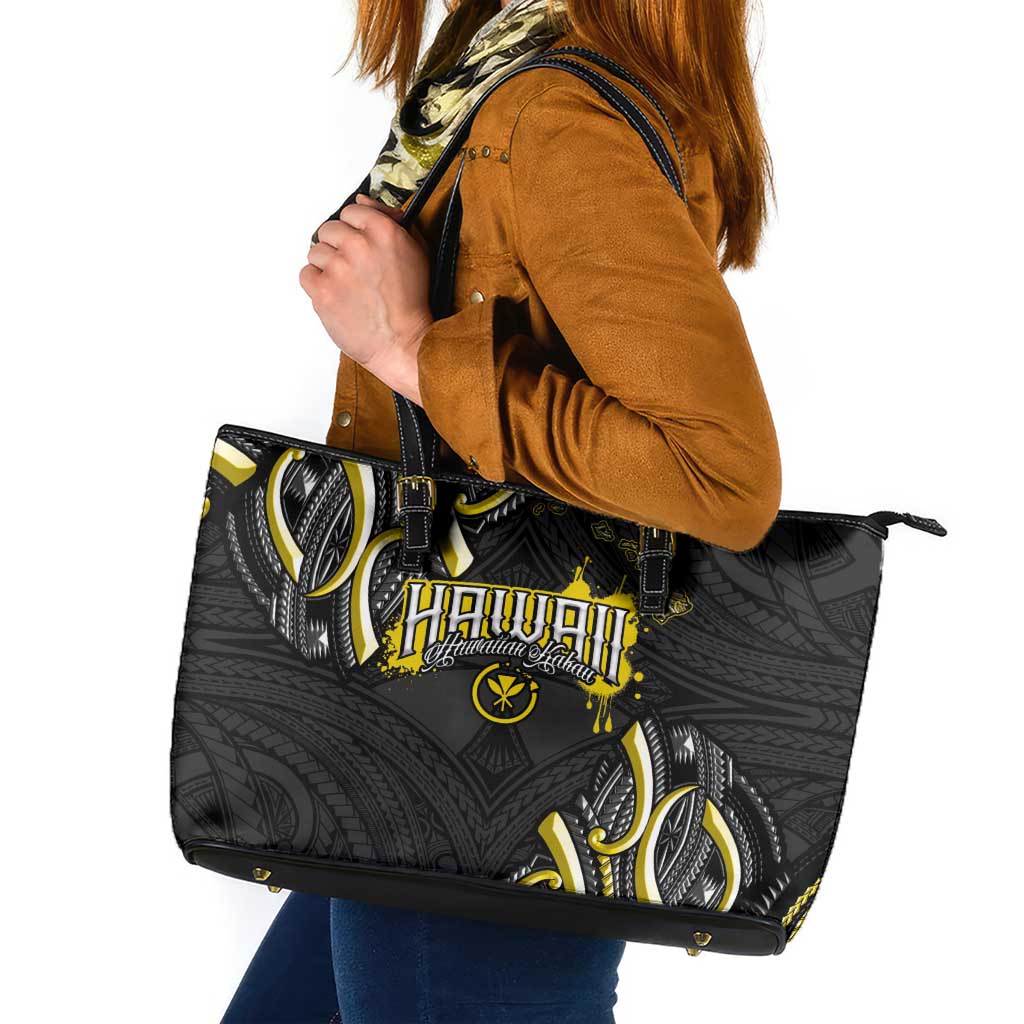 Traditional Art Hawaiian Kakau Tattoos Leather Tote Bag Yellow Color LT03 Yellow - Polynesian Pride