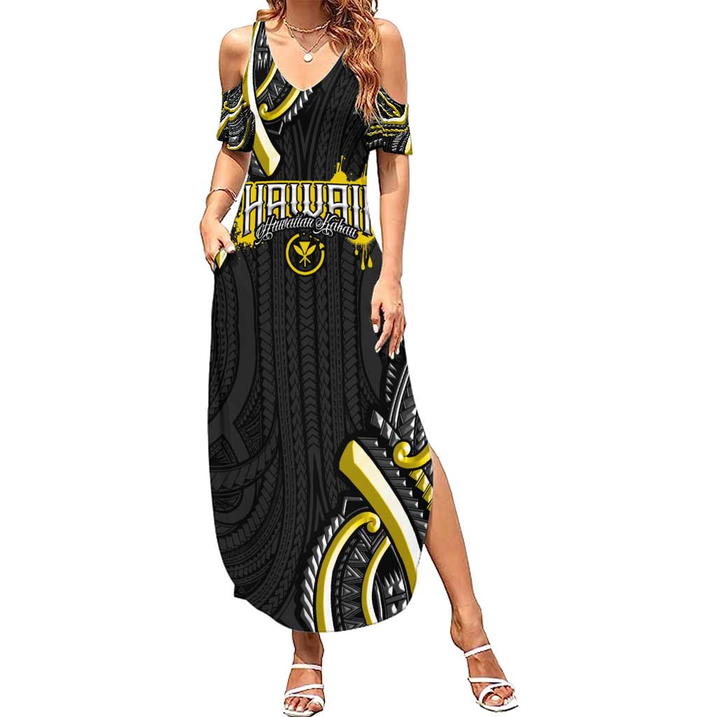 Traditional Art Hawaiian Kakau Tattoos Summer Maxi Dress Yellow Color LT03 Women Yellow - Polynesian Pride