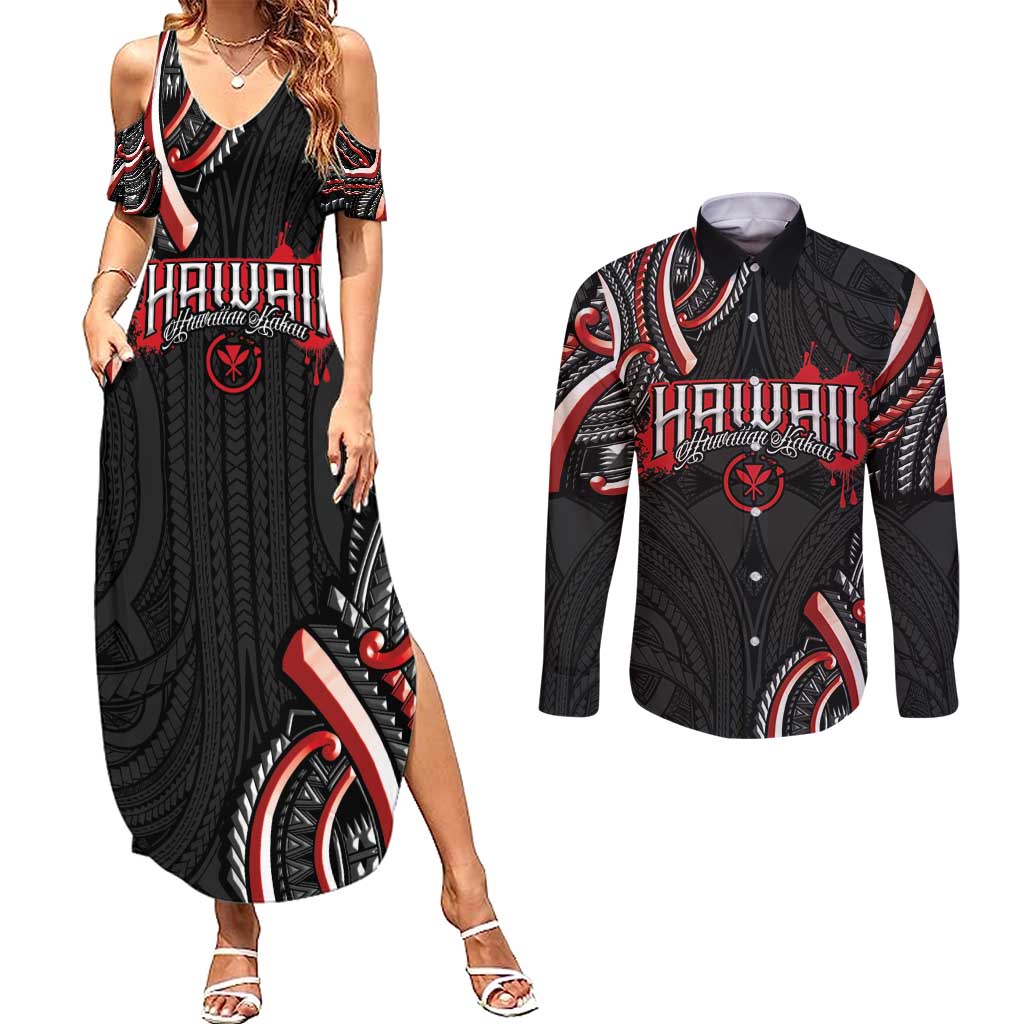 Traditional Art Hawaiian Kakau Tattoos Couples Matching Summer Maxi Dress and Long Sleeve Button Shirt Red Color LT03 Red - Polynesian Pride