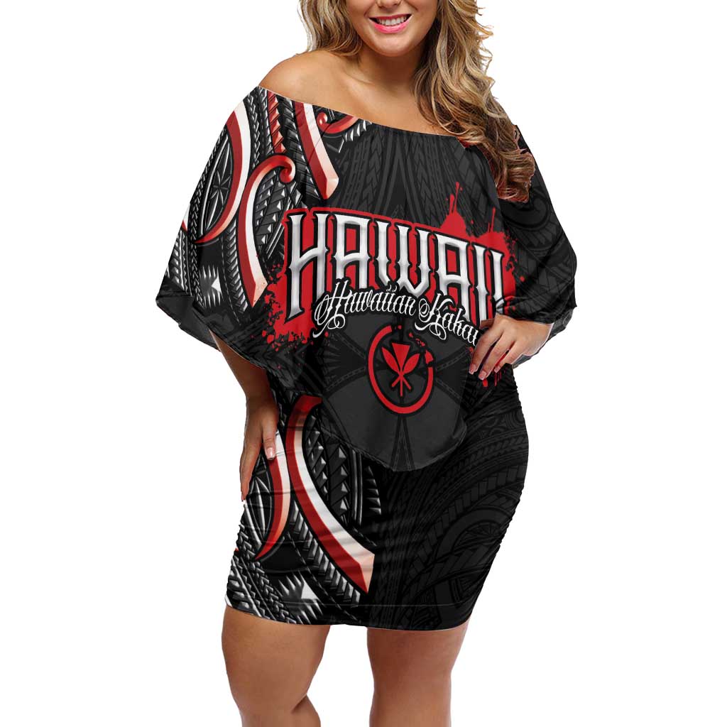 Traditional Art Hawaiian Kakau Tattoos Off Shoulder Short Dress Red Color LT03 Women Red - Polynesian Pride