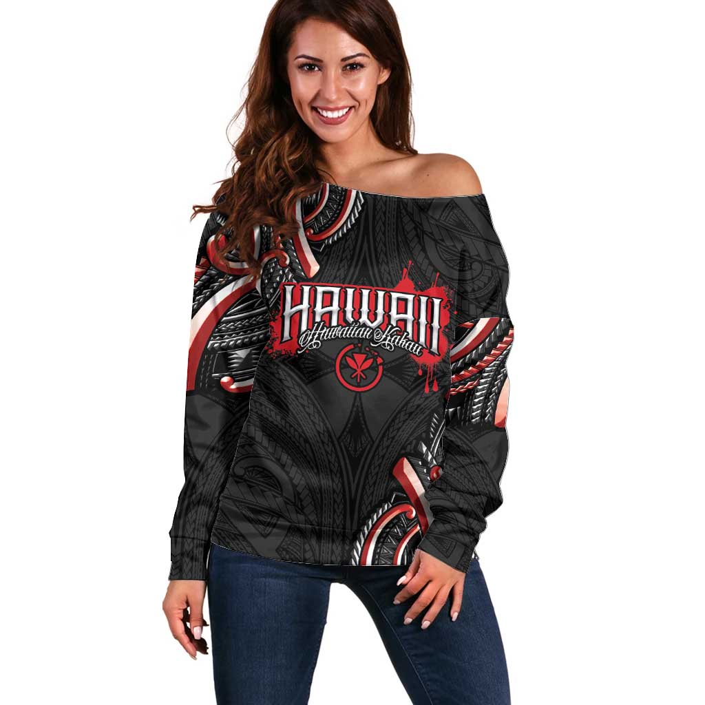 Traditional Art Hawaiian Kakau Tattoos Off Shoulder Sweater Red Color LT03 Women Red - Polynesian Pride
