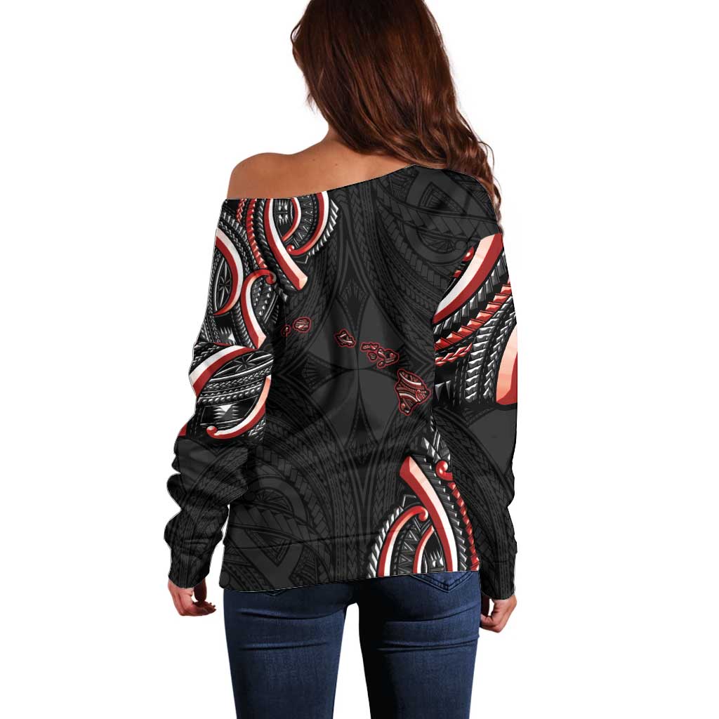 Traditional Art Hawaiian Kakau Tattoos Off Shoulder Sweater Red Color LT03 - Polynesian Pride