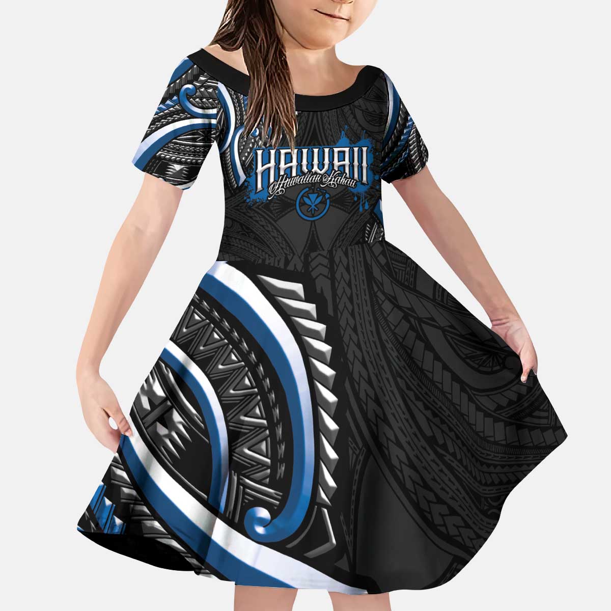 Traditional Art Hawaiian Kakau Tattoos Kid Short Sleeve Dress Blue Color LT03 KID Blue - Polynesian Pride