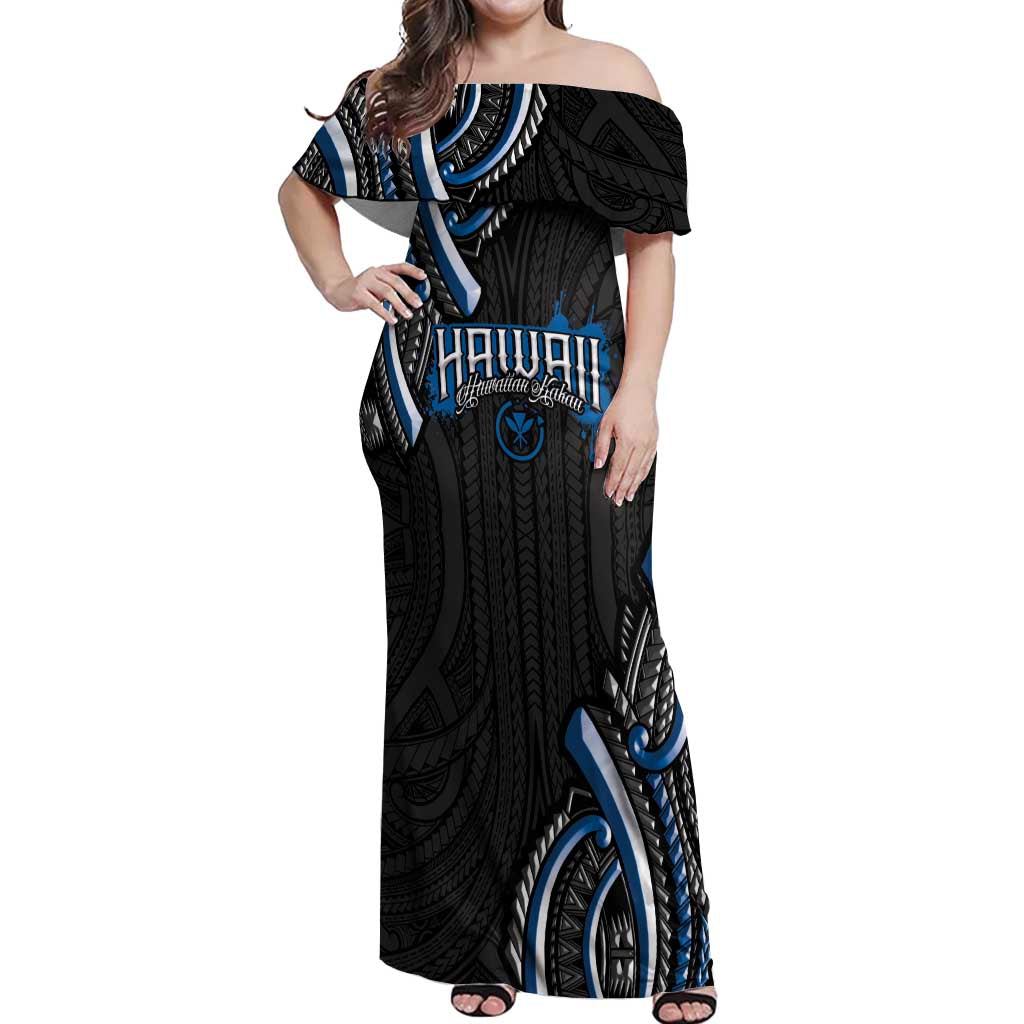 Traditional Art Hawaiian Kakau Tattoos Off Shoulder Maxi Dress Blue Color LT03 Women Blue - Polynesian Pride