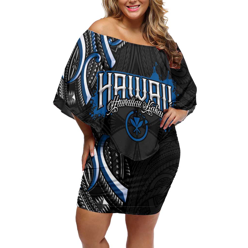 Traditional Art Hawaiian Kakau Tattoos Off Shoulder Short Dress Blue Color LT03 Women Blue - Polynesian Pride