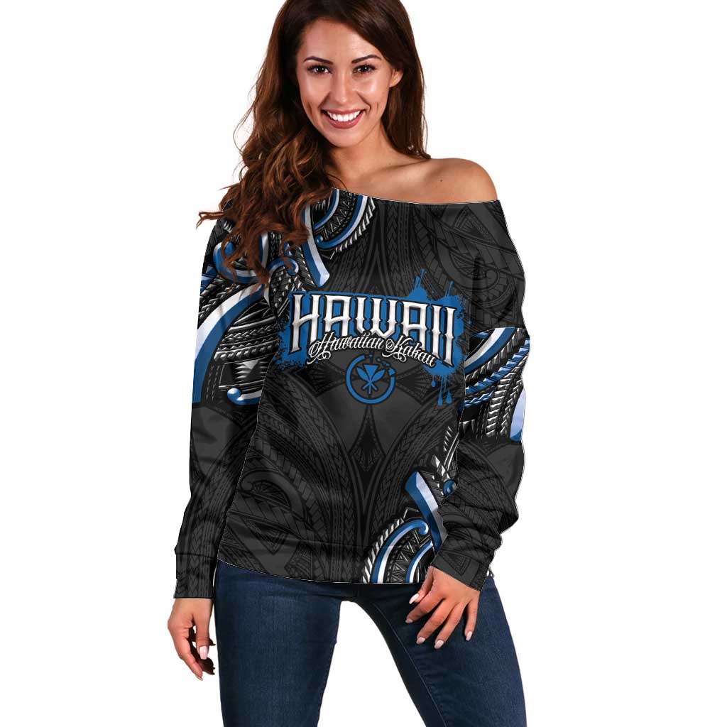 Traditional Art Hawaiian Kakau Tattoos Off Shoulder Sweater Blue Color LT03 Women Blue - Polynesian Pride