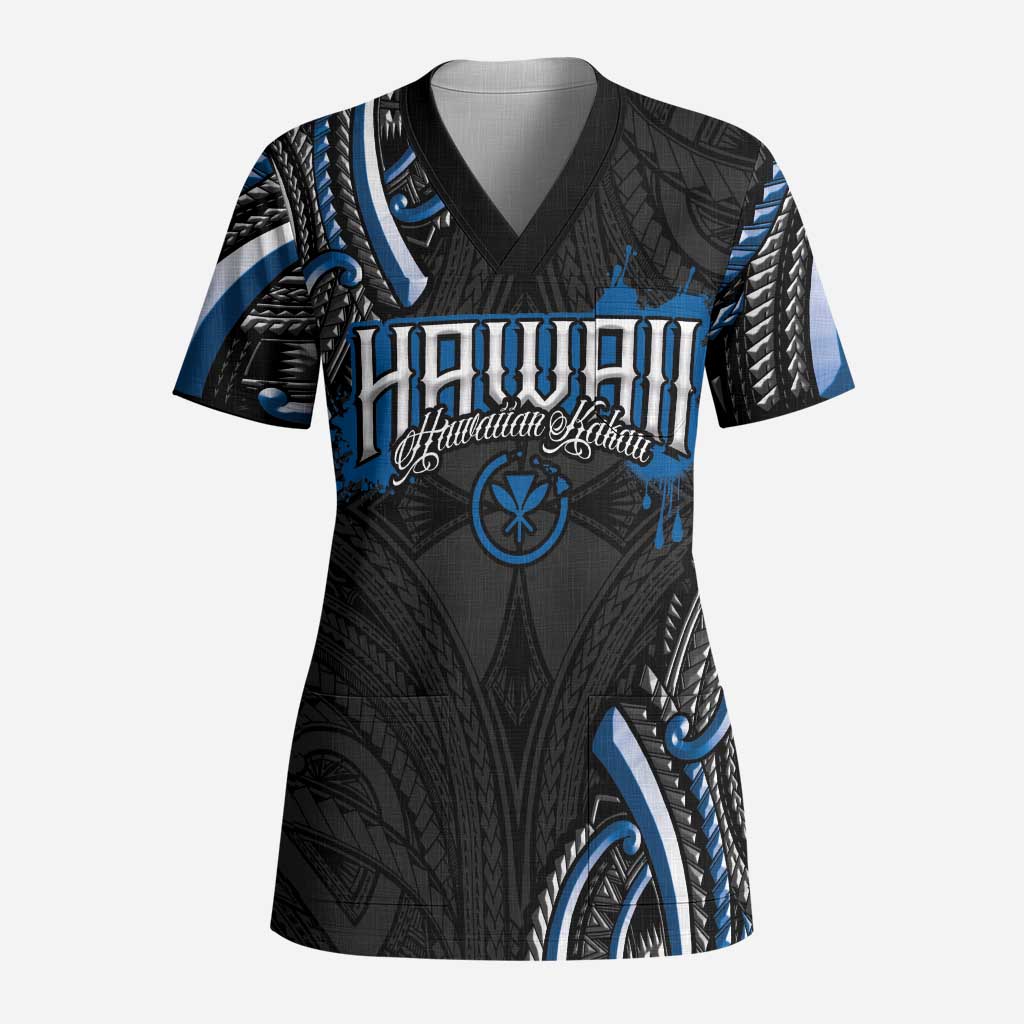 Traditional Art Hawaiian Kakau Tattoos Scrub Top Blue Color LT03 Adult Blue - Polynesian Pride