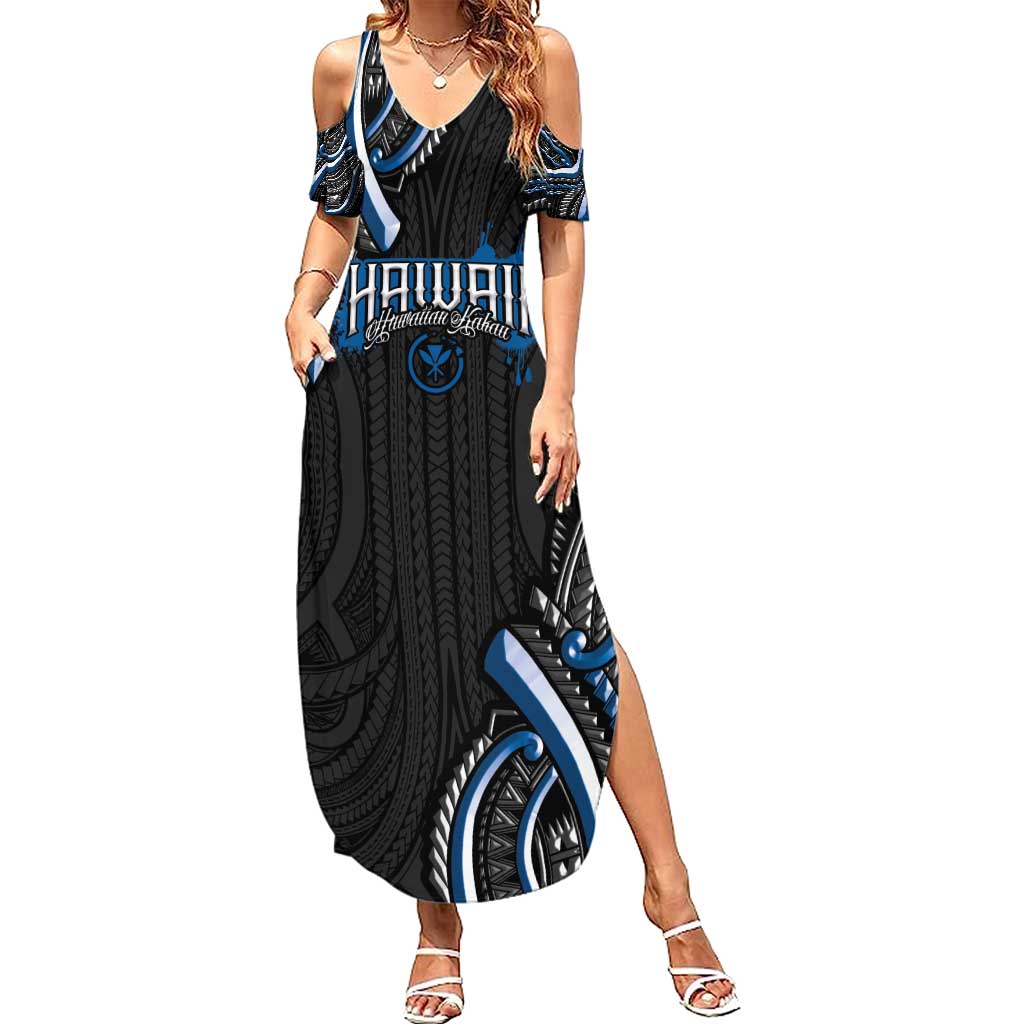 Traditional Art Hawaiian Kakau Tattoos Summer Maxi Dress Blue Color LT03 Women Blue - Polynesian Pride
