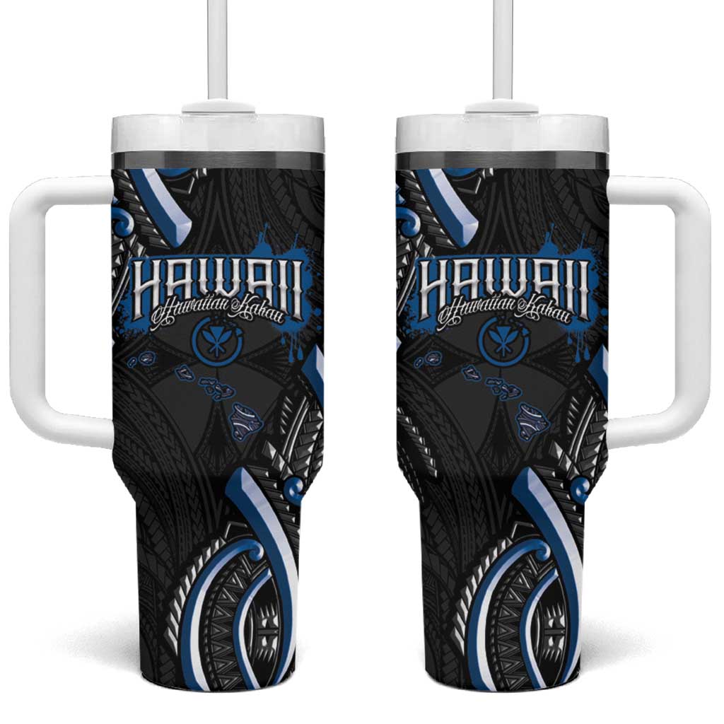 Traditional Art Hawaiian Kakau Tattoos Tumbler With Handle Blue Color LT03 One Size: 40 oz Blue - Polynesian Pride