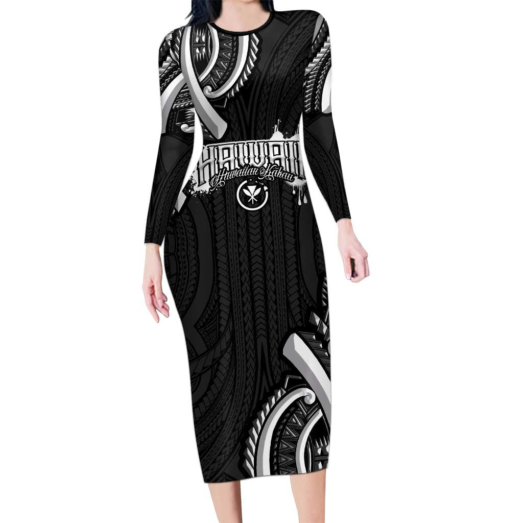Traditional Art Hawaiian Kakau Tattoos Long Sleeve Bodycon Dress White LT03 Long Dress White - Polynesian Pride