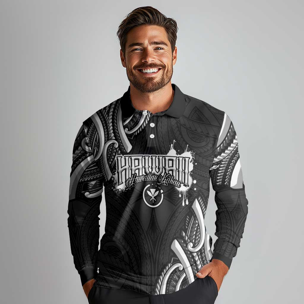 Traditional Art Hawaiian Kakau Tattoos Long Sleeve Polo Shirt White LT03 - Polynesian Pride