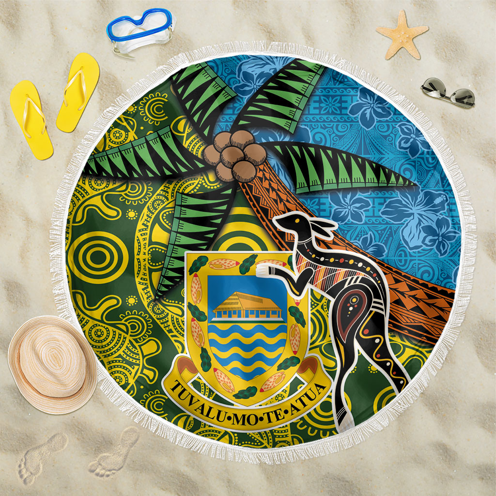 Tuvalu and Australia Together Beach Blanket Tapa Pattern and Aboriginal mix Culture LT03 One Size 150cm Multicolor - Polynesian Pride