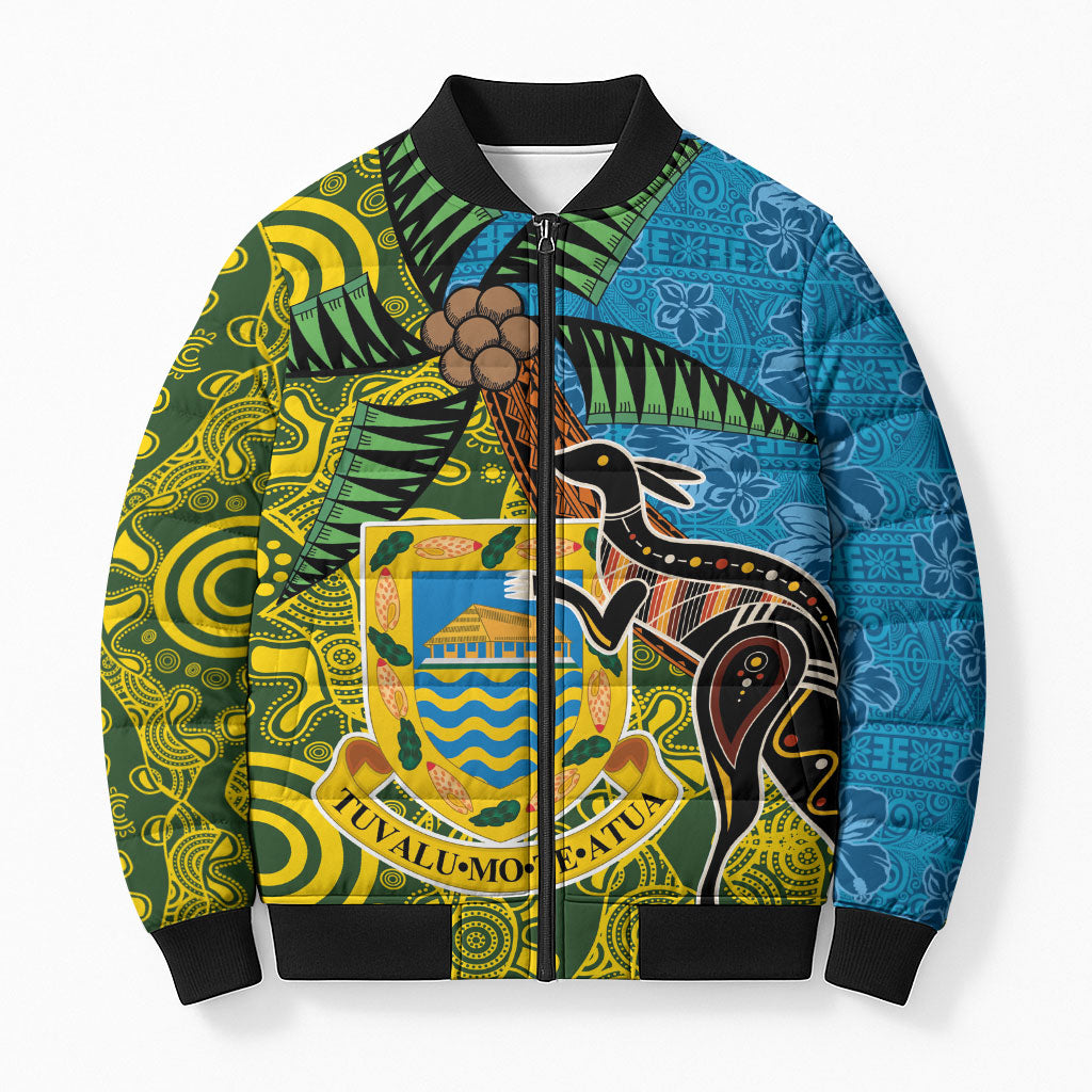 Tuvalu and Australia Together Bomber Puffer Jacket Tapa Pattern and Aboriginal mix Culture LT03 Unisex Multicolor - Polynesian Pride