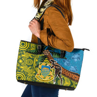 Tuvalu and Australia Together Leather Tote Bag Tapa Pattern and Aboriginal mix Culture LT03 Multicolor - Polynesian Pride