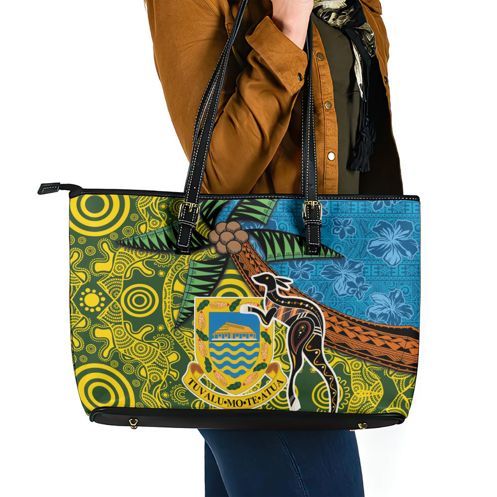 Tuvalu and Australia Together Leather Tote Bag Tapa Pattern and Aboriginal mix Culture LT03 - Polynesian Pride