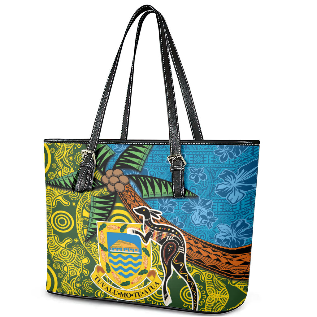 Tuvalu and Australia Together Leather Tote Bag Tapa Pattern and Aboriginal mix Culture LT03 - Polynesian Pride