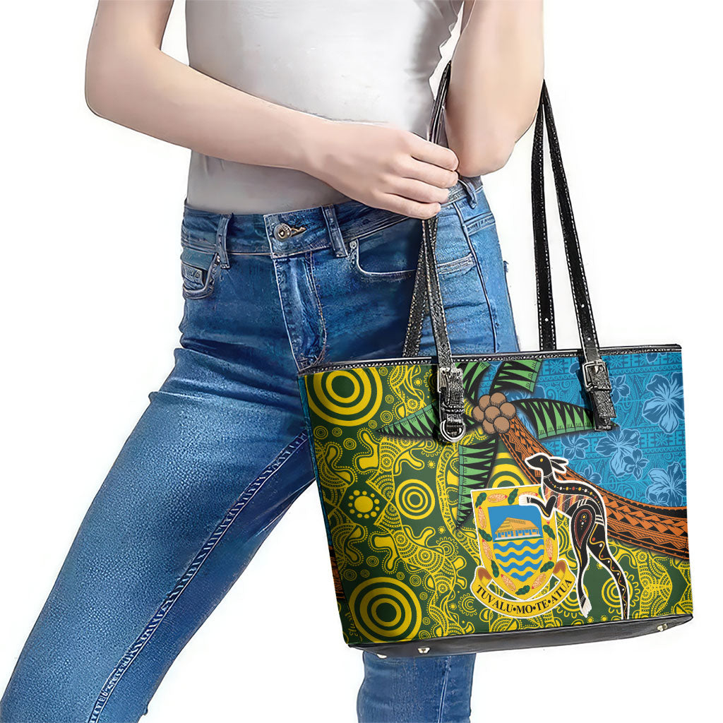 Tuvalu and Australia Together Leather Tote Bag Tapa Pattern and Aboriginal mix Culture LT03 - Polynesian Pride