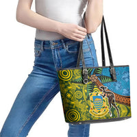 Tuvalu and Australia Together Leather Tote Bag Tapa Pattern and Aboriginal mix Culture LT03 - Polynesian Pride
