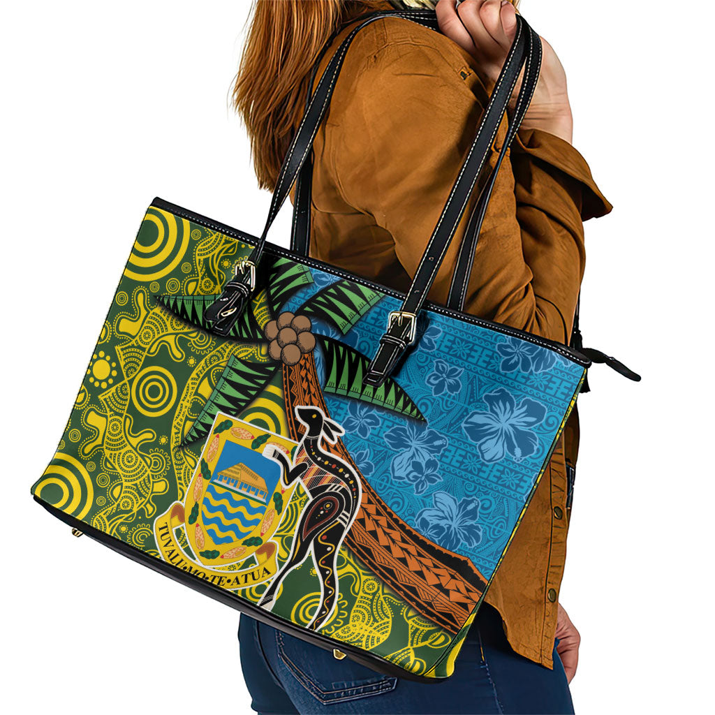 Tuvalu and Australia Together Leather Tote Bag Tapa Pattern and Aboriginal mix Culture LT03 - Polynesian Pride