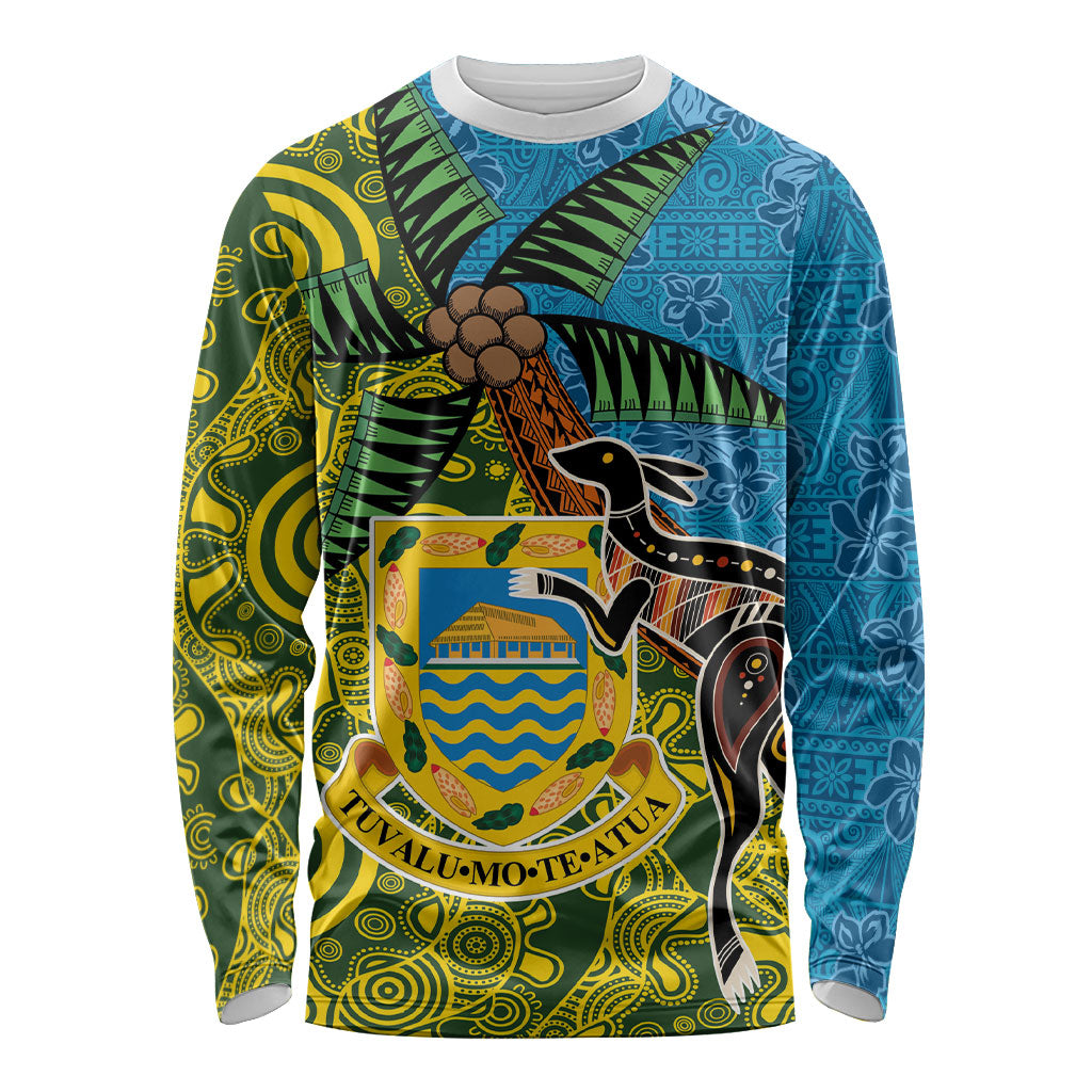Tuvalu and Australia Together Long Sleeve Shirt Tapa Pattern and Aboriginal mix Culture LT03 Unisex Multicolor - Polynesian Pride