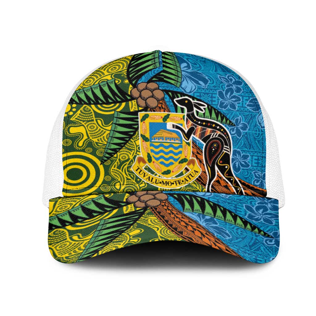 Tuvalu and Australia Together Mesh Trucker Cap Tapa Pattern and Aboriginal mix Culture LT03 One Size White Multicolor - Polynesian Pride