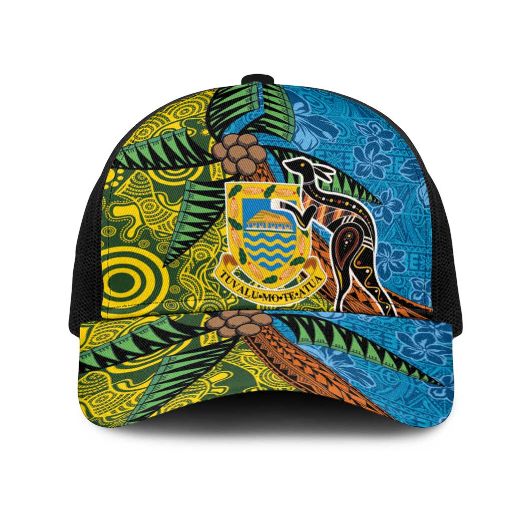 Tuvalu and Australia Together Mesh Trucker Cap Tapa Pattern and Aboriginal mix Culture LT03 One Size Black Multicolor - Polynesian Pride