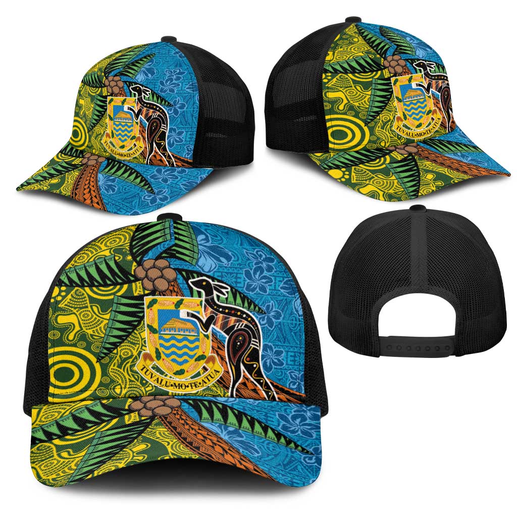 Tuvalu and Australia Together Mesh Trucker Cap Tapa Pattern and Aboriginal mix Culture LT03 - Polynesian Pride