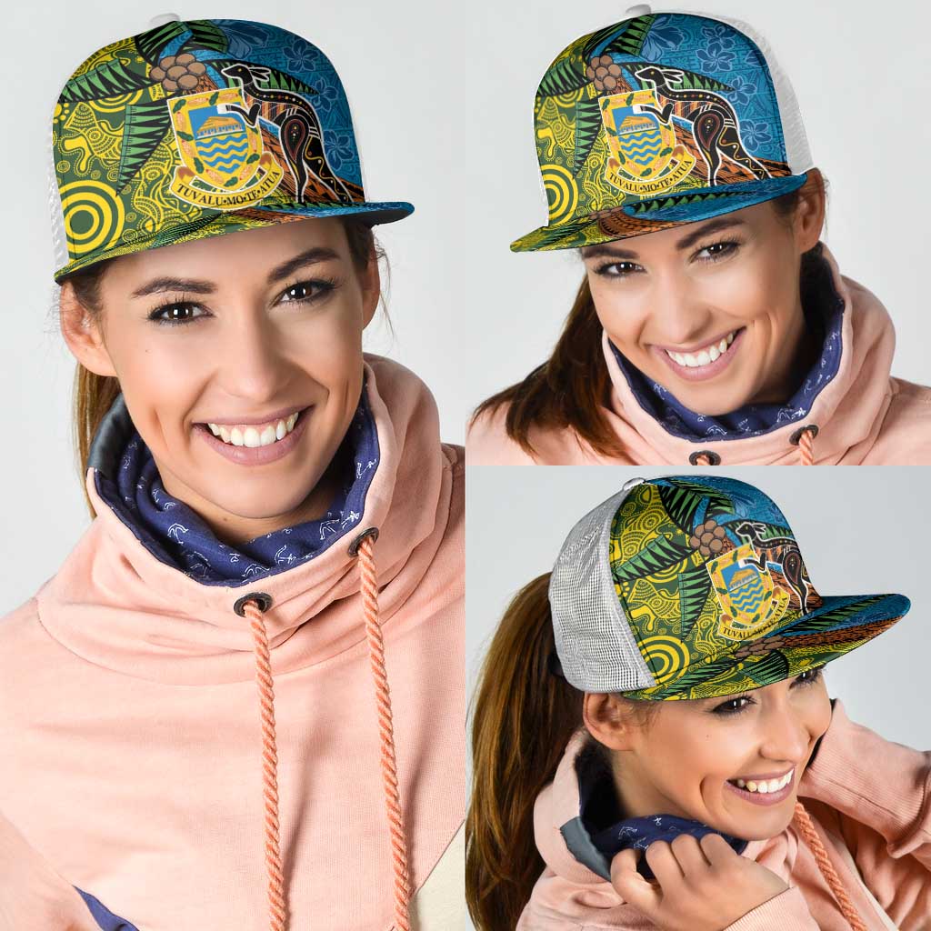 Tuvalu and Australia Together Mesh Trucker Cap Tapa Pattern and Aboriginal mix Culture LT03 - Polynesian Pride