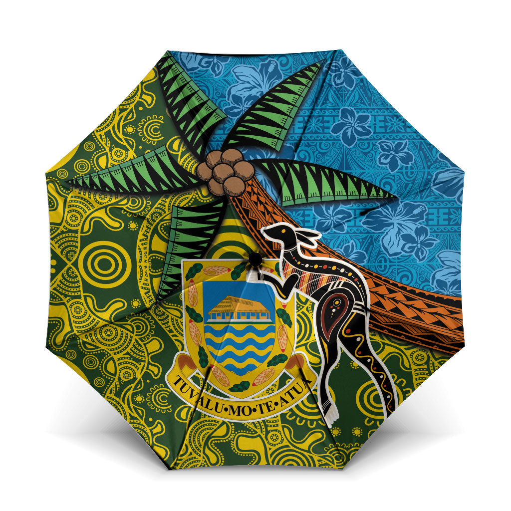 Tuvalu and Australia Together Umbrella Tapa Pattern and Aboriginal mix Culture LT03 One Size Folded 11.42 inch Opened Diameter 37.4 inch Multicolor - Polynesian Pride