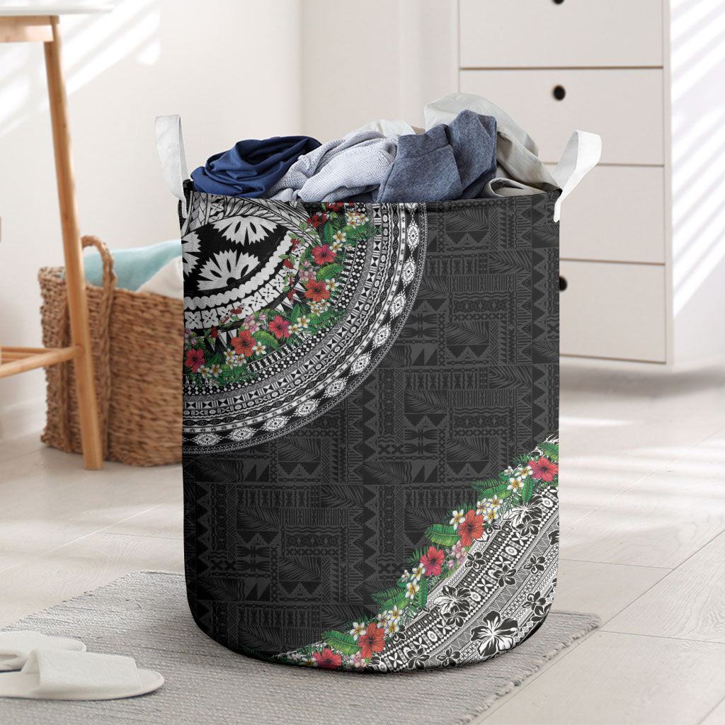 Fiji Hibiscus Laundry Basket Tapa Masi Motifs with Tropical Plants LT03 Black - Polynesian Pride
