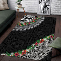 Fiji Hibiscus Area Rug Tapa Masi Motifs with Tropical Plants LT03 Black - Polynesian Pride