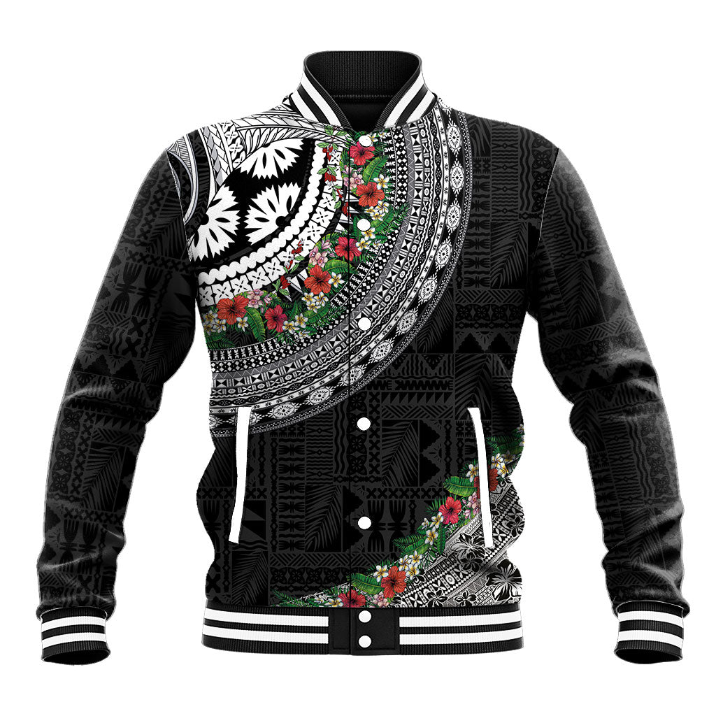 Fiji Hibiscus Baseball Jacket Tapa Masi Motifs with Tropical Plants LT03 Unisex Black - Polynesian Pride