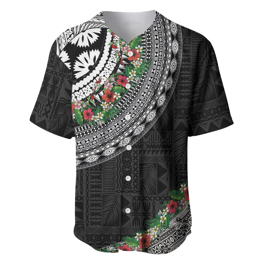 Fiji Hibiscus Baseball Jersey Tapa Masi Motifs with Tropical Plants LT03 Black - Polynesian Pride