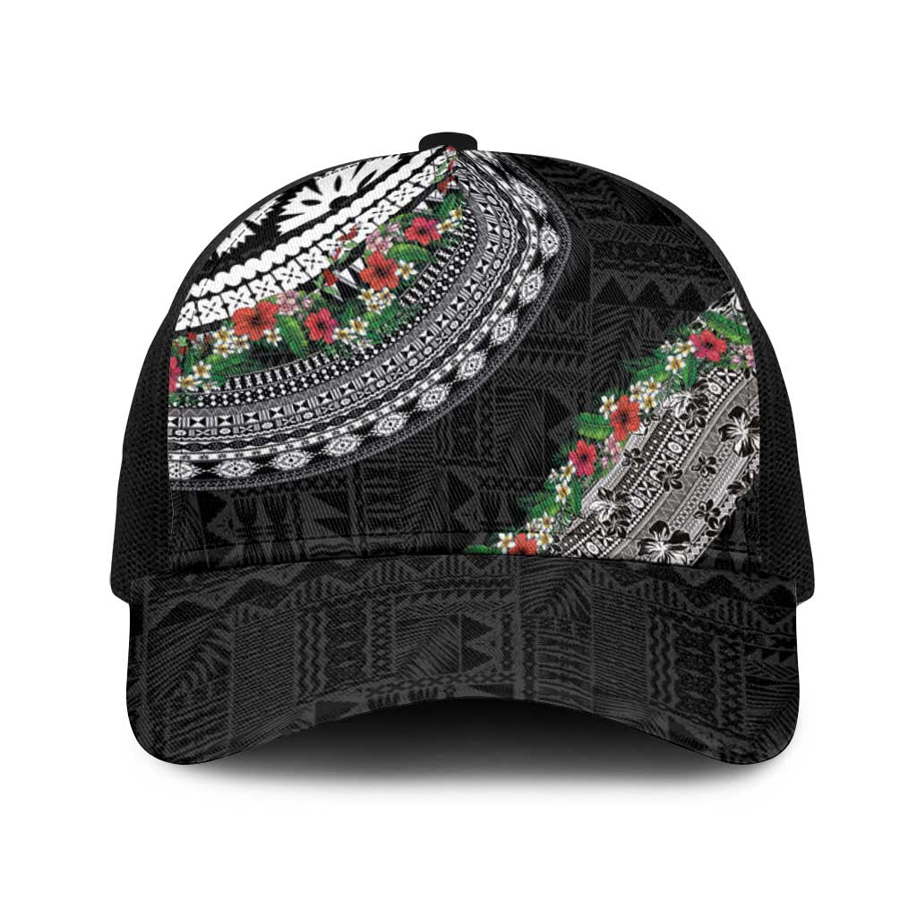 Fiji Hibiscus Baseball Net Cap Tapa Masi Motifs with Tropical Plants LT03 One Size Black Black - Polynesian Pride