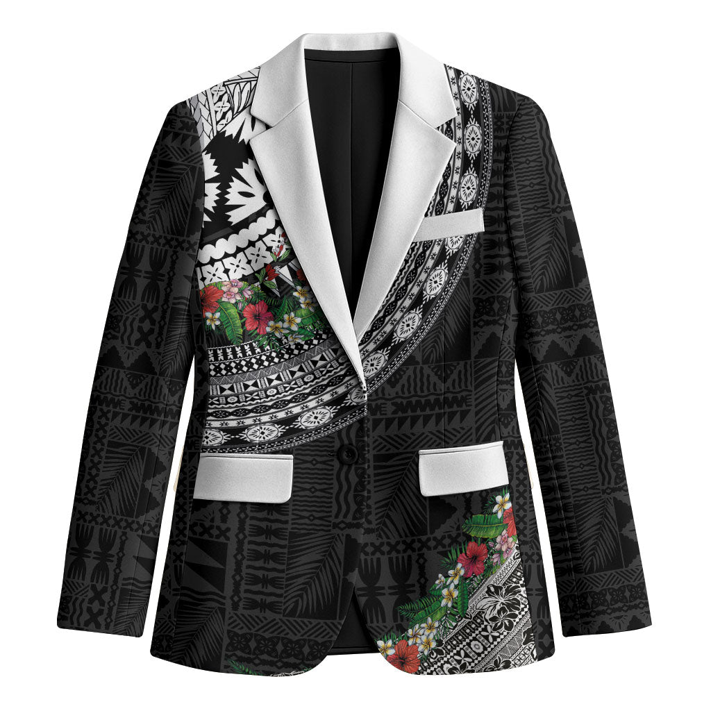 Fiji Hibiscus Blazer Tapa Masi Motifs with Tropical Plants LT03 Unisex Black - Polynesian Pride