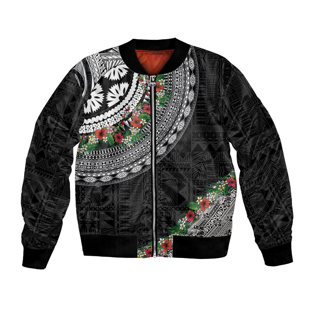 Fiji Hibiscus Bomber Jacket Tapa Masi Motifs with Tropical Plants LT03 Unisex Black - Polynesian Pride
