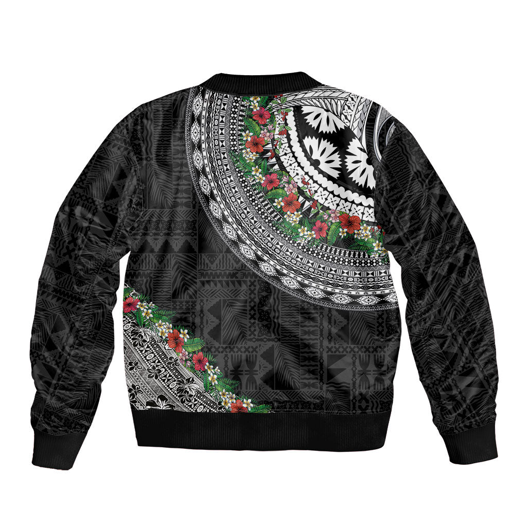 Fiji Hibiscus Bomber Jacket Tapa Masi Motifs with Tropical Plants LT03 - Polynesian Pride