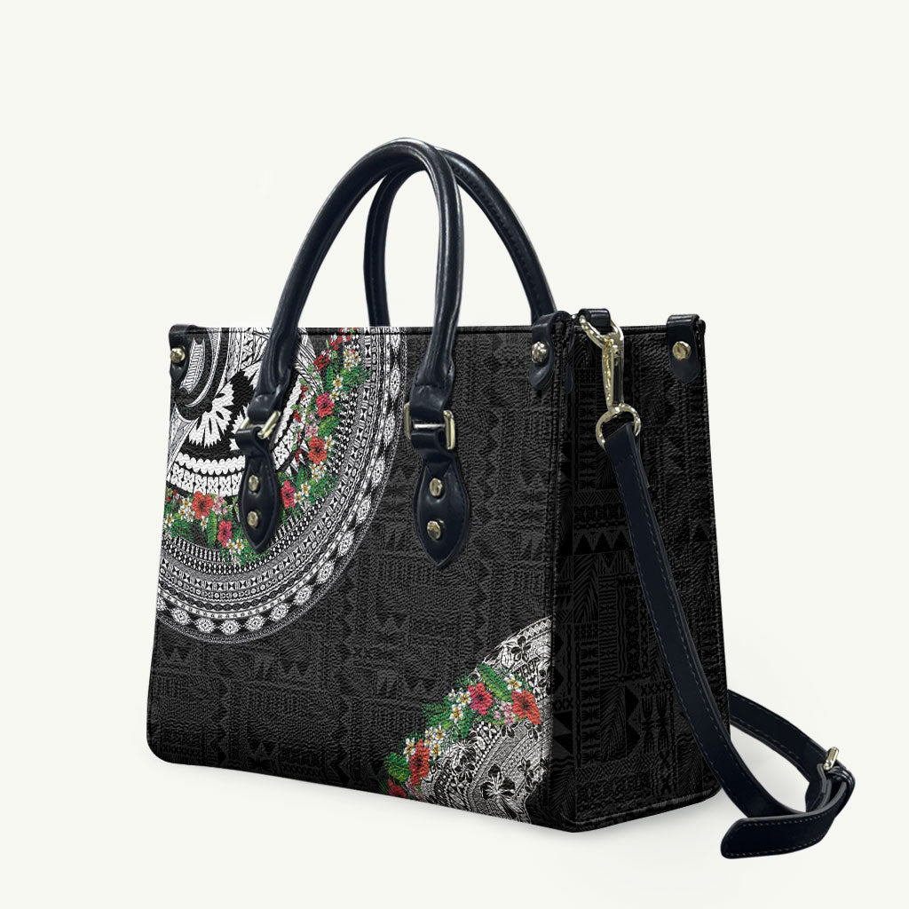 Fiji Hibiscus Leather Bag Tapa Masi Motifs with Tropical Plants LT03 Black - Polynesian Pride