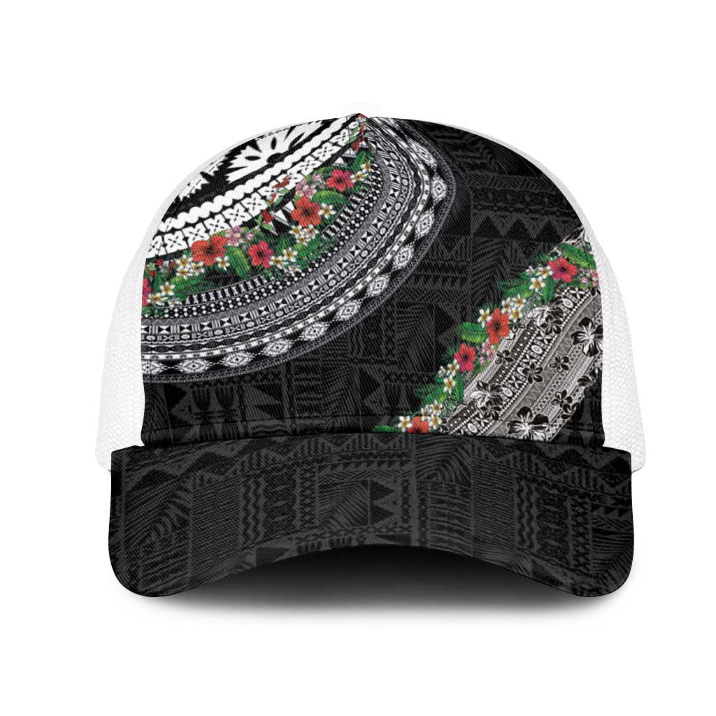 Fiji Hibiscus Mesh Trucker Cap Tapa Masi Motifs with Tropical Plants LT03 One Size White Black - Polynesian Pride