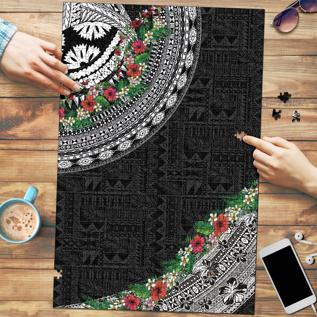 Fiji Hibiscus Puzzle Tapa Masi Motifs with Tropical Plants LT03 Black - Polynesian Pride