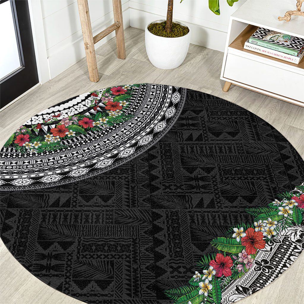 Fiji Hibiscus Round Carpet Tapa Masi Motifs with Tropical Plants LT03 Black - Polynesian Pride