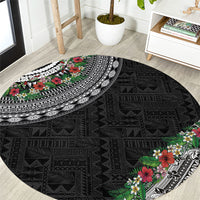 Fiji Hibiscus Round Carpet Tapa Masi Motifs with Tropical Plants LT03 Black - Polynesian Pride