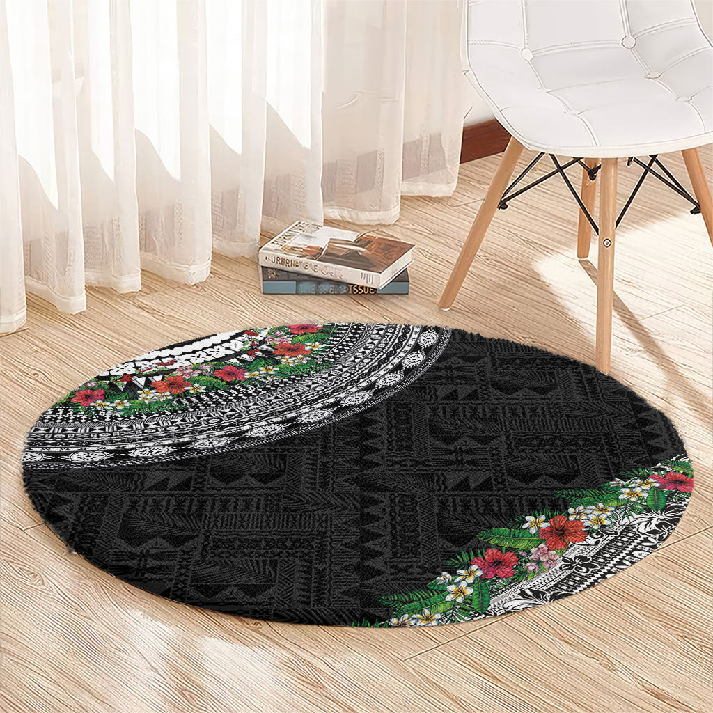 Fiji Hibiscus Round Carpet Tapa Masi Motifs with Tropical Plants LT03 - Polynesian Pride