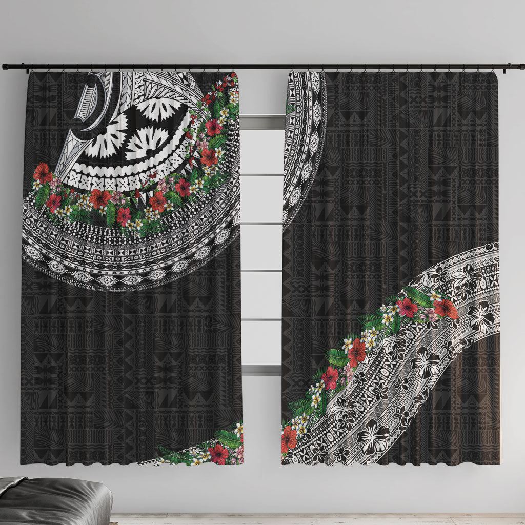 Fiji Hibiscus Window Curtain Tapa Masi Motifs with Tropical Plants LT03 With Hooks Black - Polynesian Pride