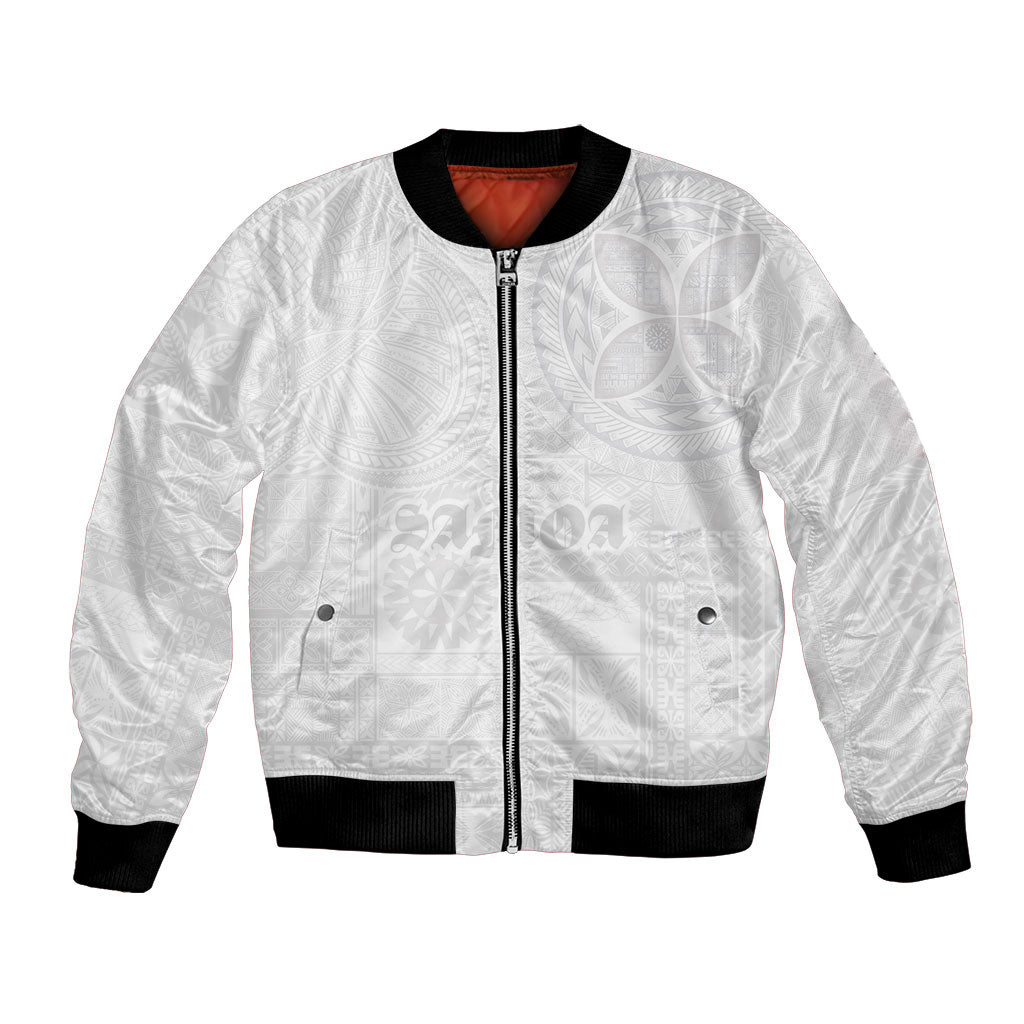 Samoa Lotu Tamaiti Bomber Jacket Tribal Tatau with Siapo Pattern LT03 Unisex White - Polynesian Pride