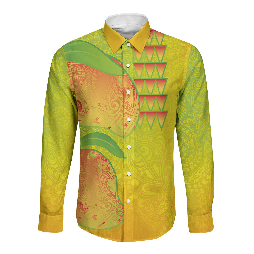 Hawaiian Mango Long Sleeve Button Shirt Polynesian Art Pattern and Kakau Tattoo LT03 Unisex Yellow - Polynesian Pride